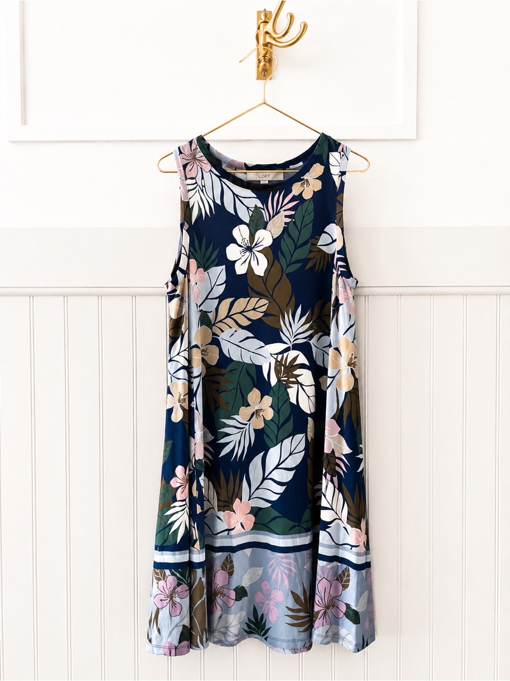 LOFT Navy Floral Sleeveless Midi Dress with Pink & Cream Accents